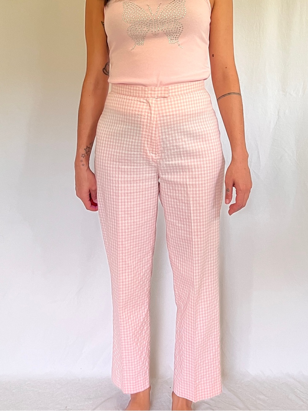 High-Waist Pink Gingham Straight-Leg Cropped Pants